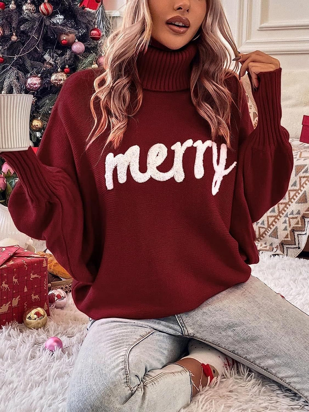 Oversized turtleneck sweater for women with festive inscription Lune London