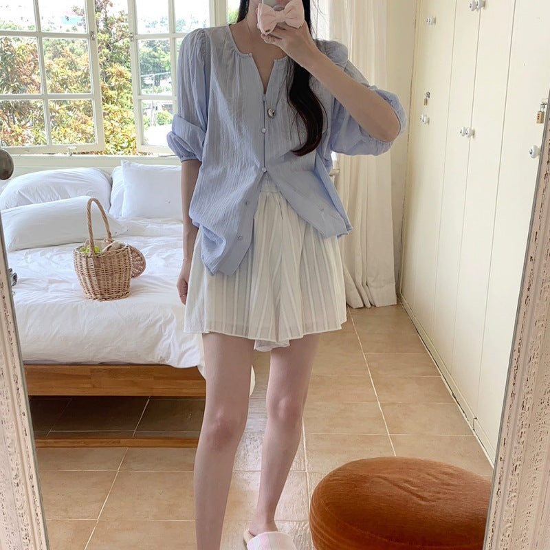Ladies Relaxed Fit Puff Sleeve Button-Up Shirt Lune London