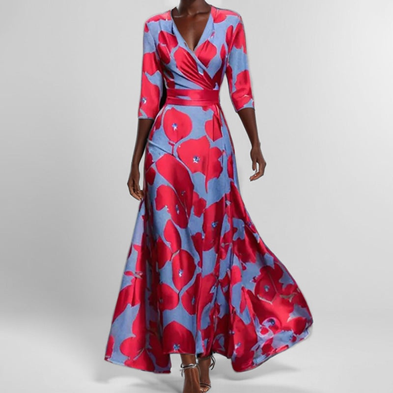 Chic und Stil | Elegant V-Neck Printed Waist Dress with Peplum