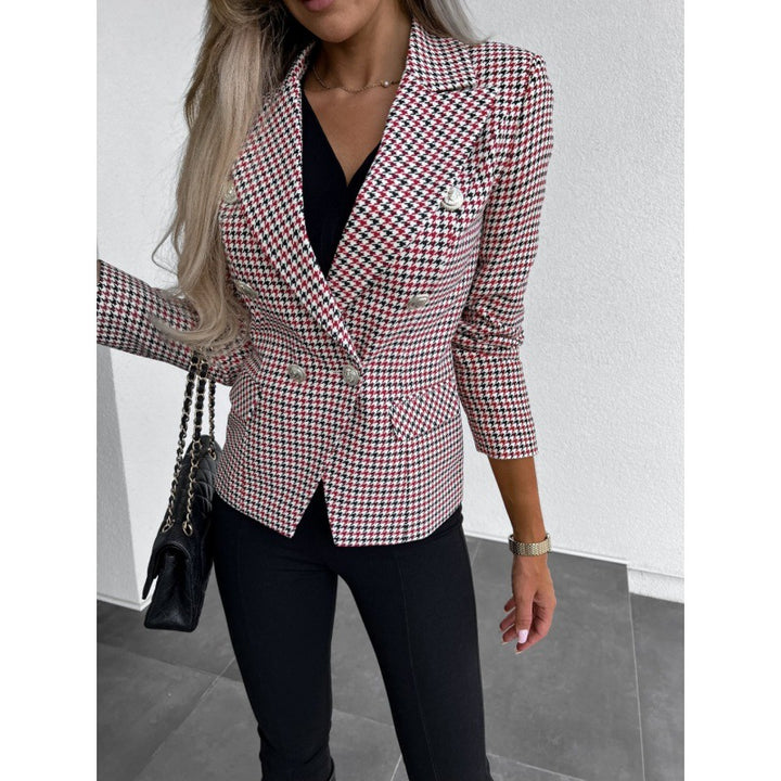 Plaid blazer for women with a modern design featuring a double row of buttons and chic elegant details.
