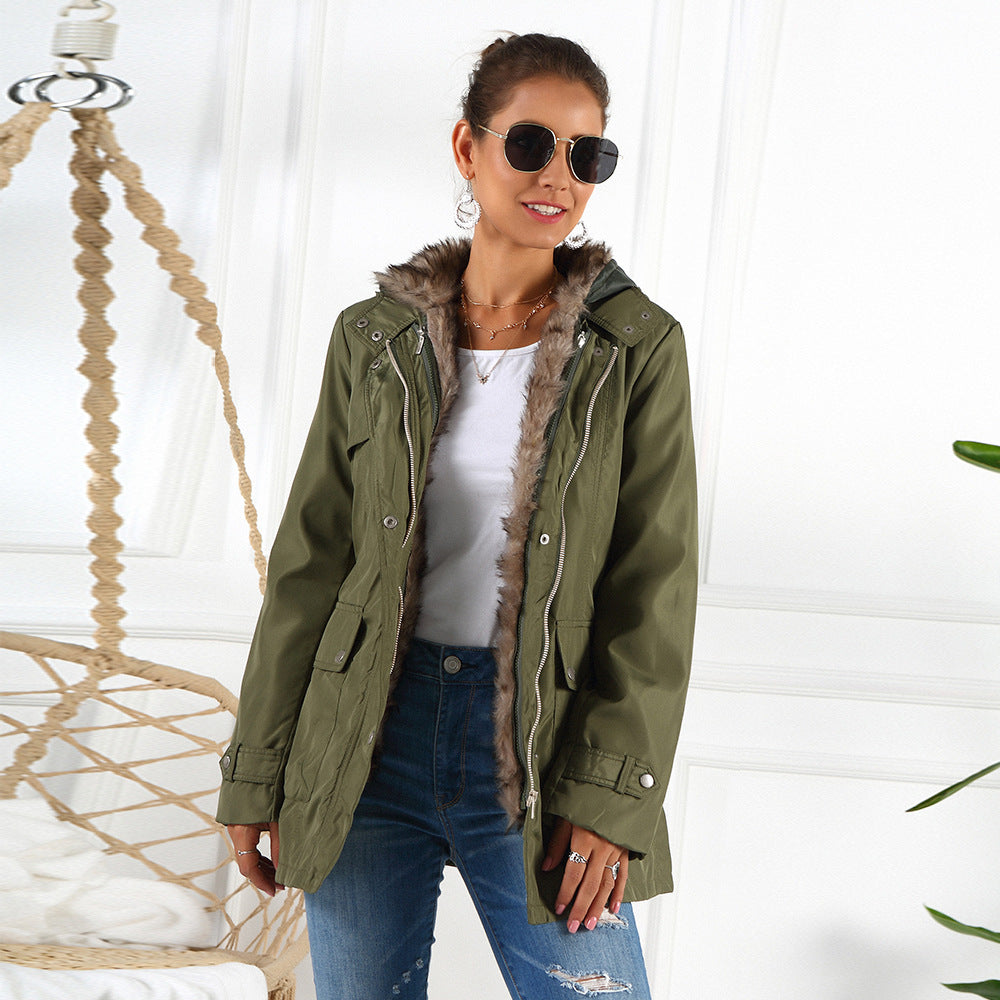 Ladies Outerwear Parka with adjustable drawstring and removable hood Lune London