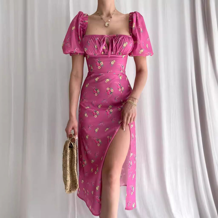 Floral print maxi dress for women with puff sleeves and high slit Chic & Stil