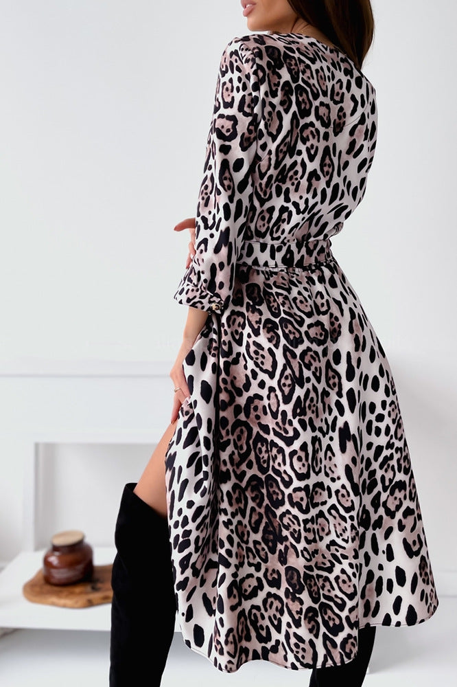 Ladies Elegant Wrap Dress with Leopard Print and Adjustable Belt Lune London