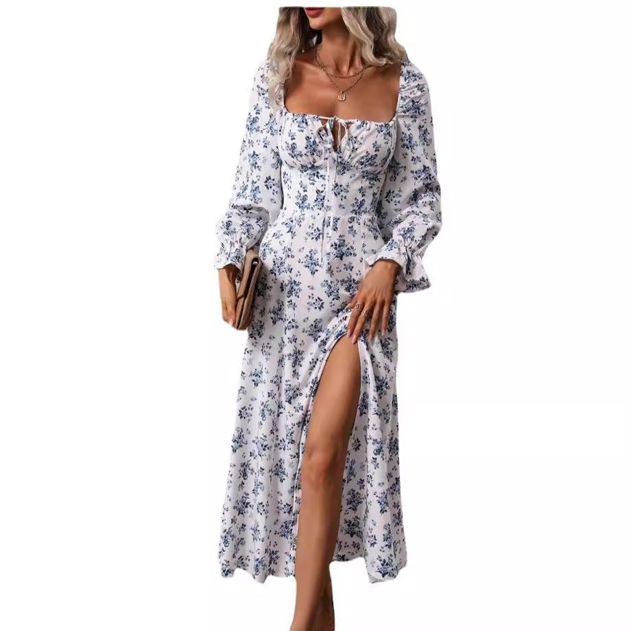 Maxi dress for women with deep slit and floral design Lune London