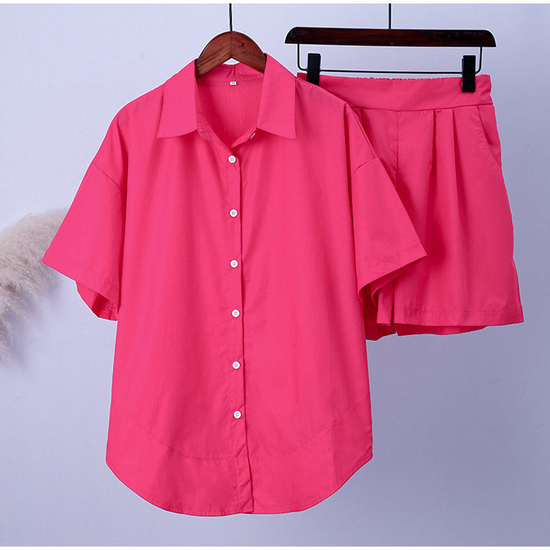 Women's Casual Button-Up Blouse and Chic Shorts Set