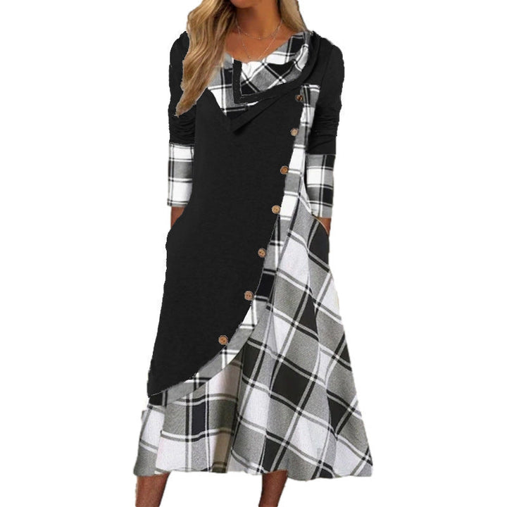 Lune London | Plaid Split Button Pocket Stacked Collar Long Sleeve Dress
