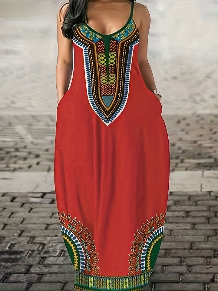 Maxi dress for women with modern ethnic print and practical side pockets Lune London