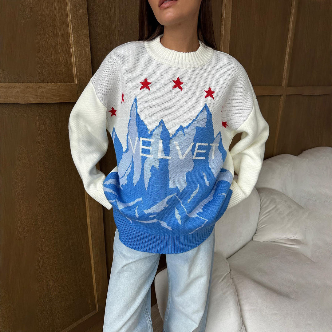 Knitted sweater for women with graphic design of mountains and stylish stars Lune London