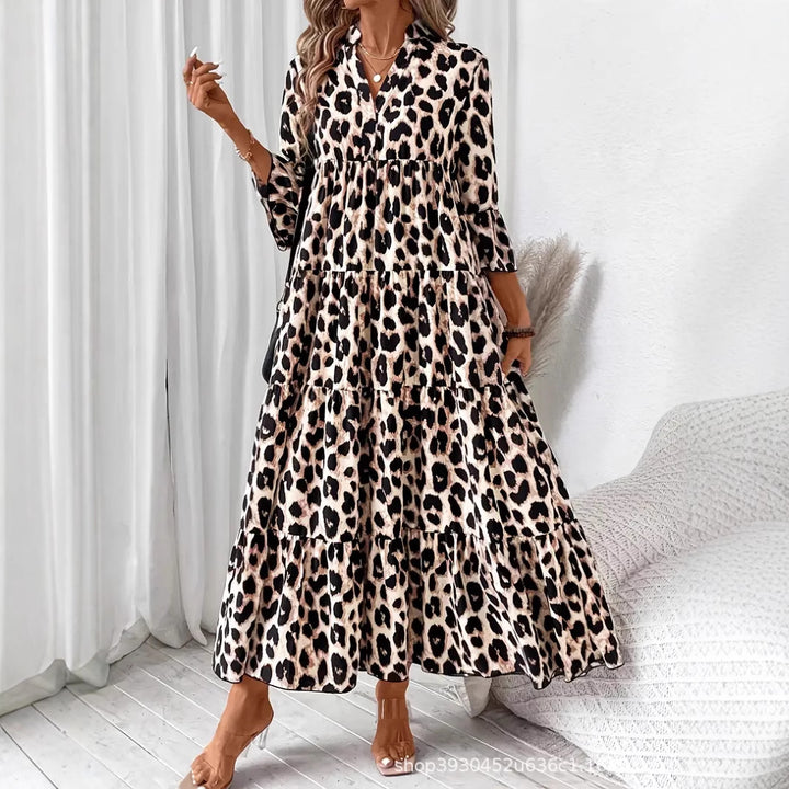 Maxi dress with animal print for women with voluminous puff sleeves Lune London