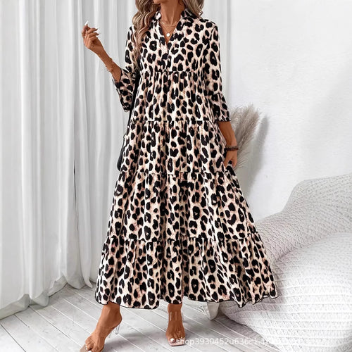 Maxi dress with animal print for women with voluminous puff sleeves Lune London