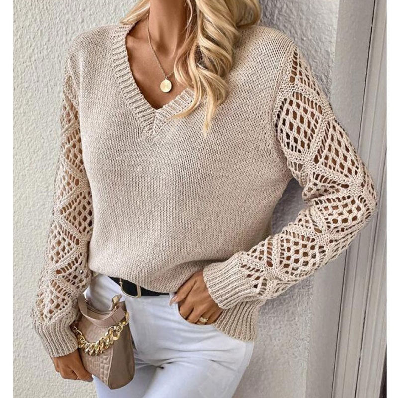 Pull en tricot pour femmes avec un motif de trous sophistiqué et un col en V Chic & Stil