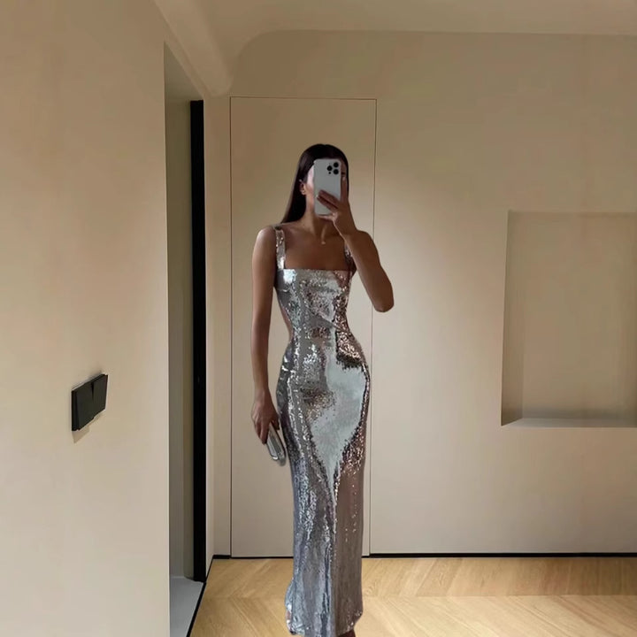Maxi dress for women with sparkling sequins and elegant cut Lune London