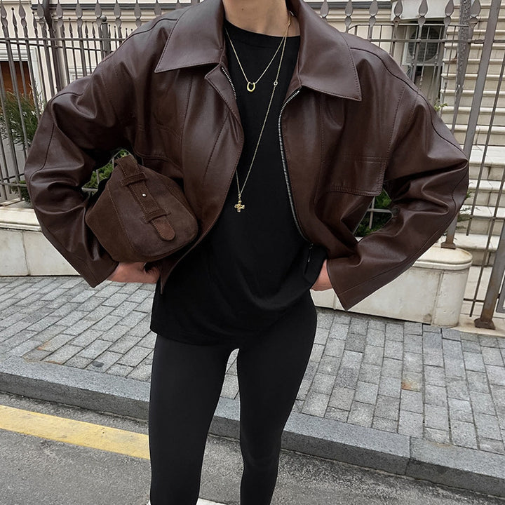 Casual faux leather jacket for women with asymmetric cut and zipper Lune London