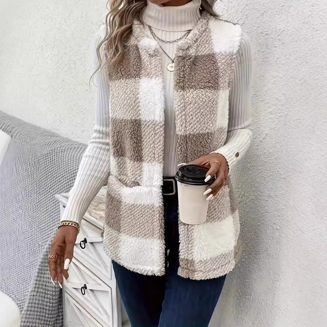 Lune London | Ladies Fluffy Vest with Check Pattern and Pockets
