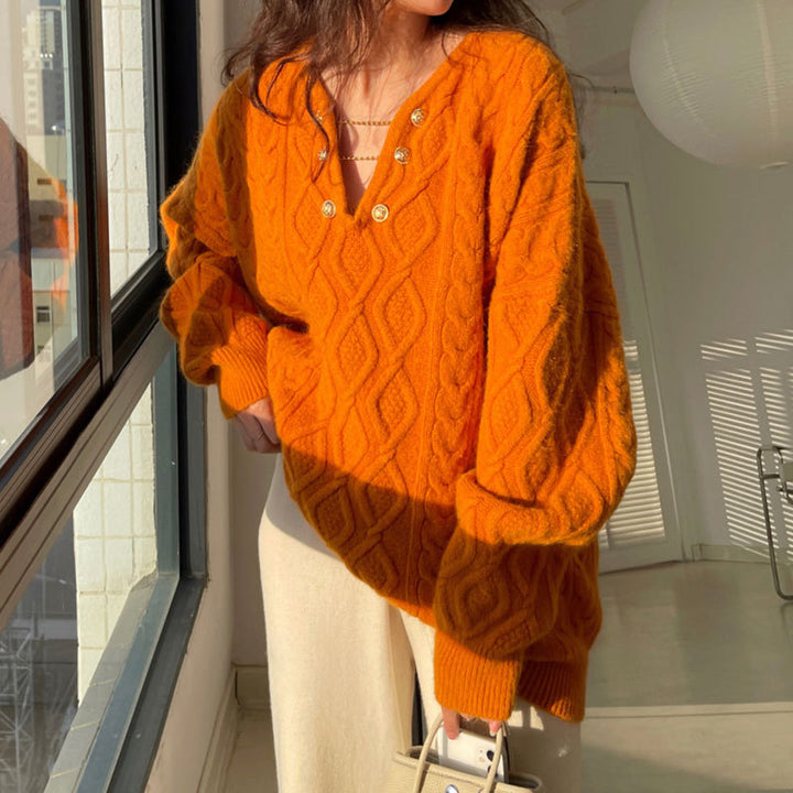 Pull ample en tricot pour dames avec détails en boutons et motif en maille torsadée Chic & Stil