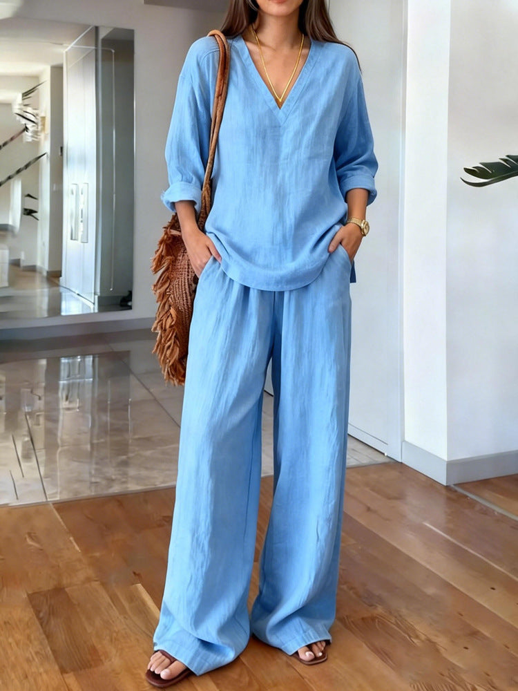 Women's Lightweight Summer Pants with Loose Fit and V-Neck Shirt Lune London