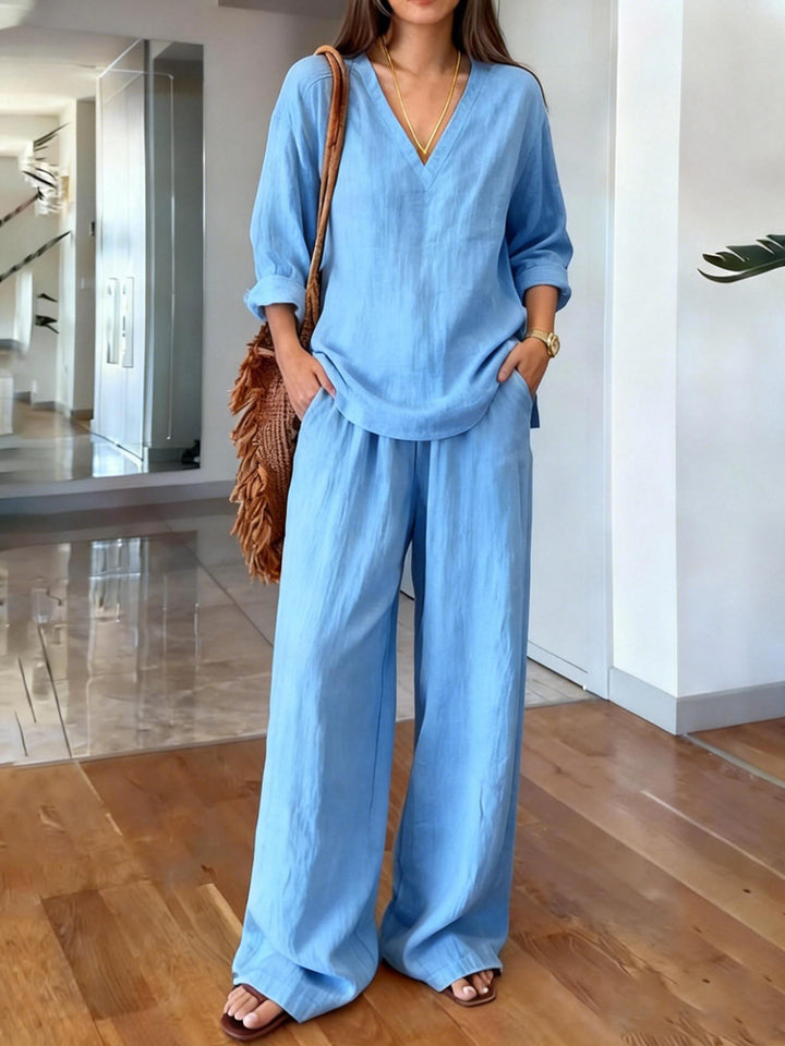 Women's Lightweight Summer Pants with Loose Fit and V-Neck Shirt Lune London