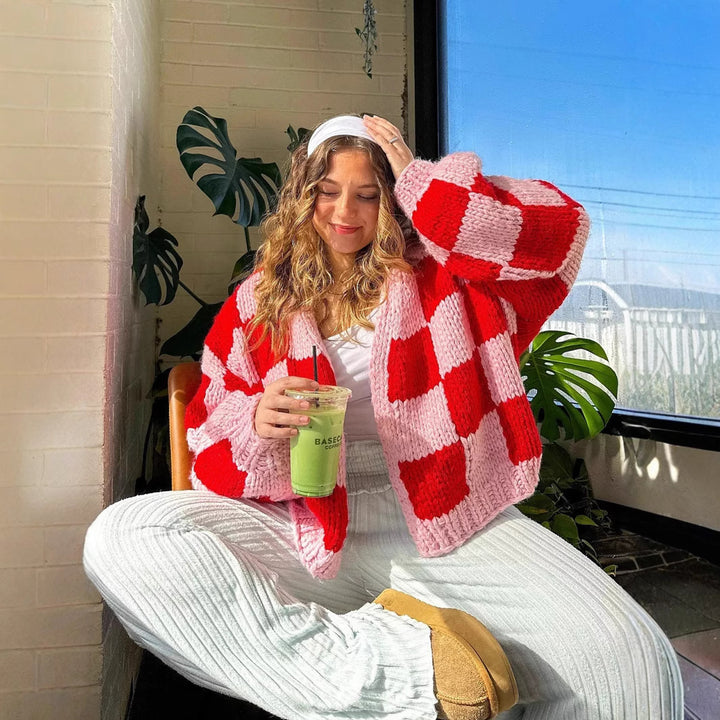 Chunky knit jacket for women with a modern check pattern Lune London