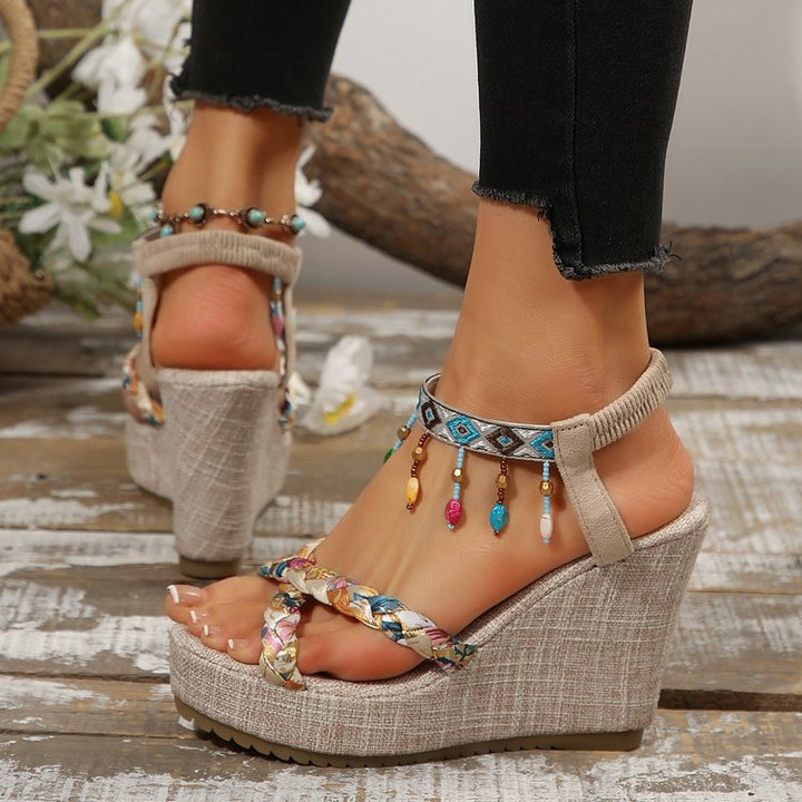 Wedge heel sandals for women with a colorful geometric pattern and elegant straps Lune London