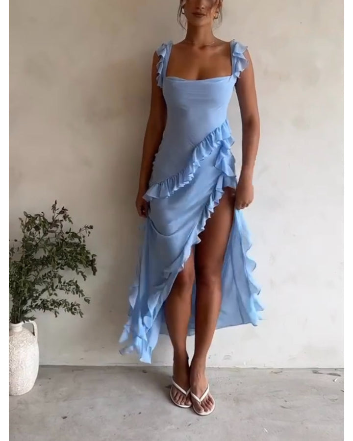 Women Elegant Maxi Dress with Ruffle Layers and Deep V-Neck Lune London