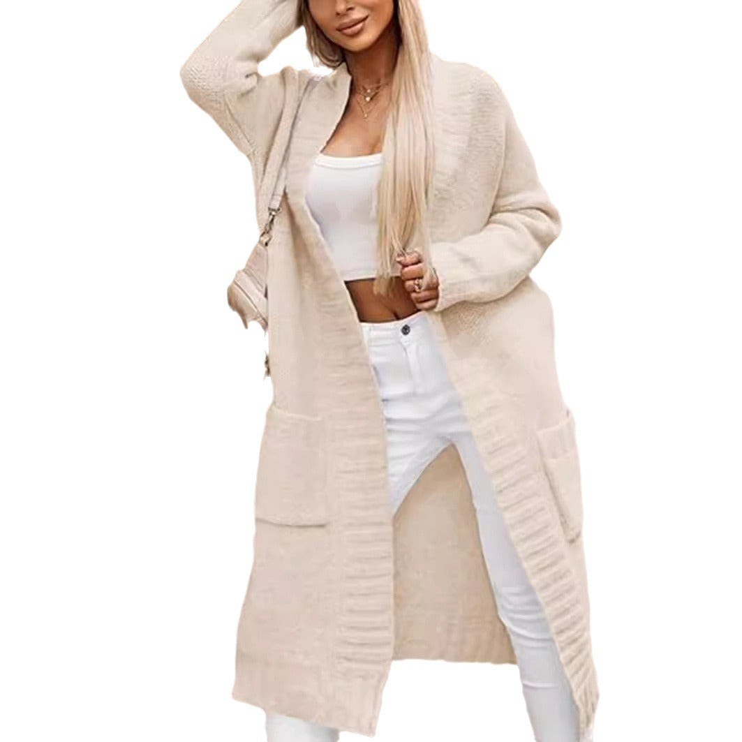 Ladies Long knitted cardigan with open pockets and textured surface Lune London
