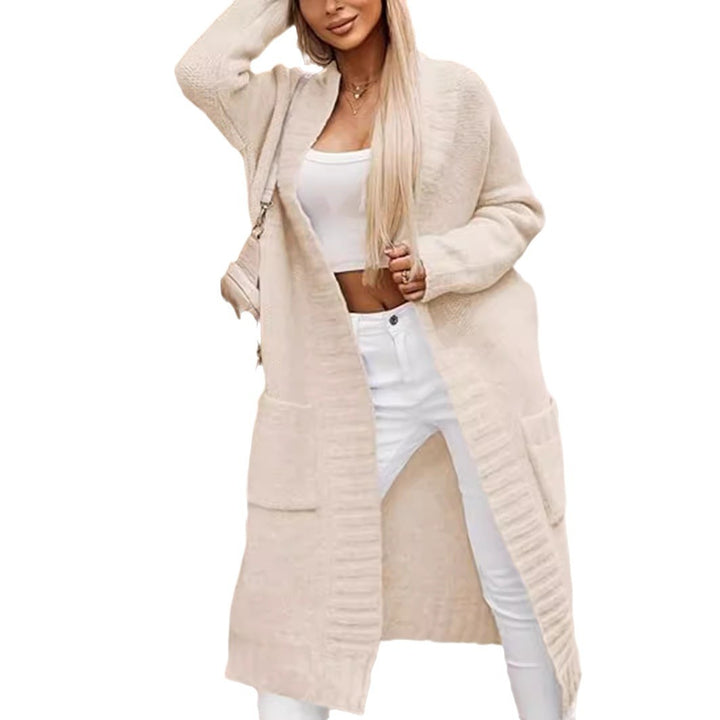 Ladies Long knitted cardigan with open pockets and textured surface Lune London
