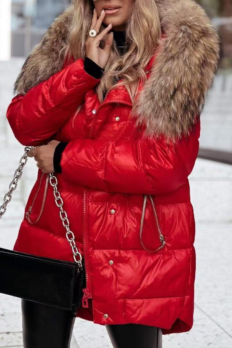 Ladies Long Down Jacket with Removable Faux Fur Collar Lune London