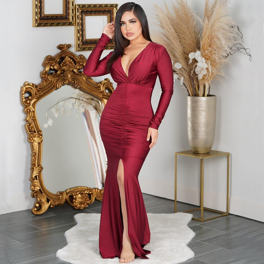 Chic and stylish evening dress for ladies with high slit and ruffles