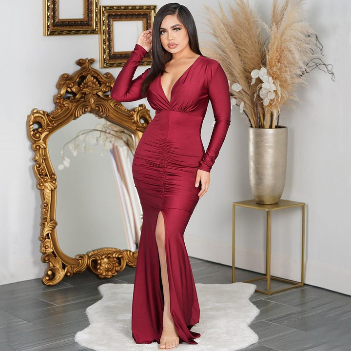 Chic and stylish evening dress for ladies with high slit and ruffles