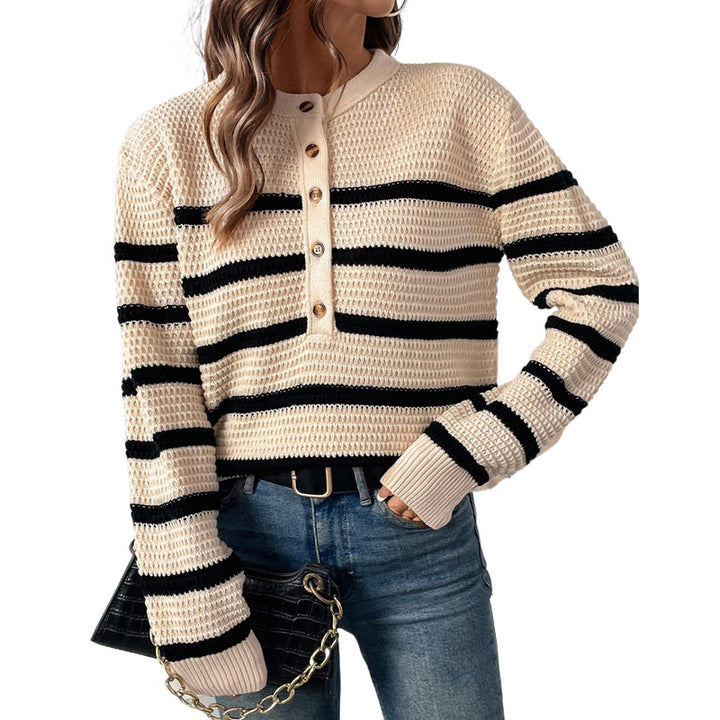 Fashionable knit sweater for women with button placket and striped pattern Lune London