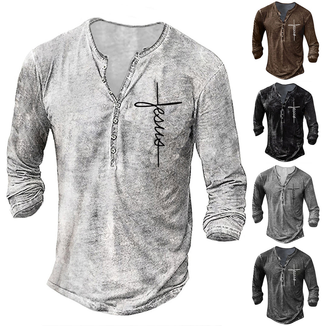 Men's Long Sleeve Henley T-Shirt with Creative Graphic Print Lune London