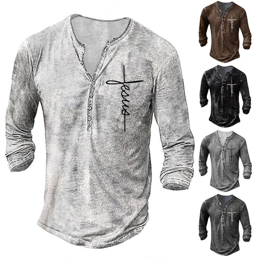 Men's Long Sleeve Henley T-Shirt with Creative Graphic Print Lune London