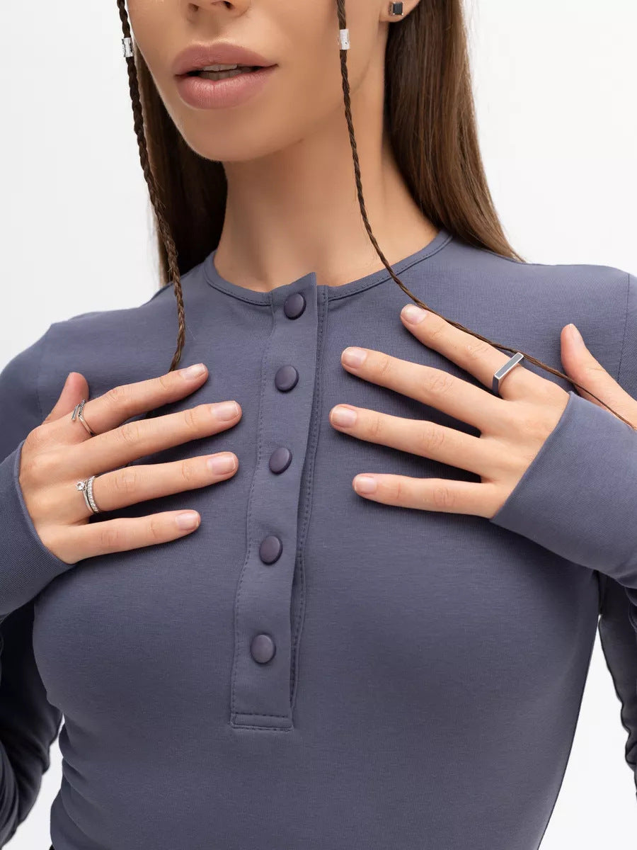Women Long Sleeve Top with Button Placket and Fitted Cut Lune London
