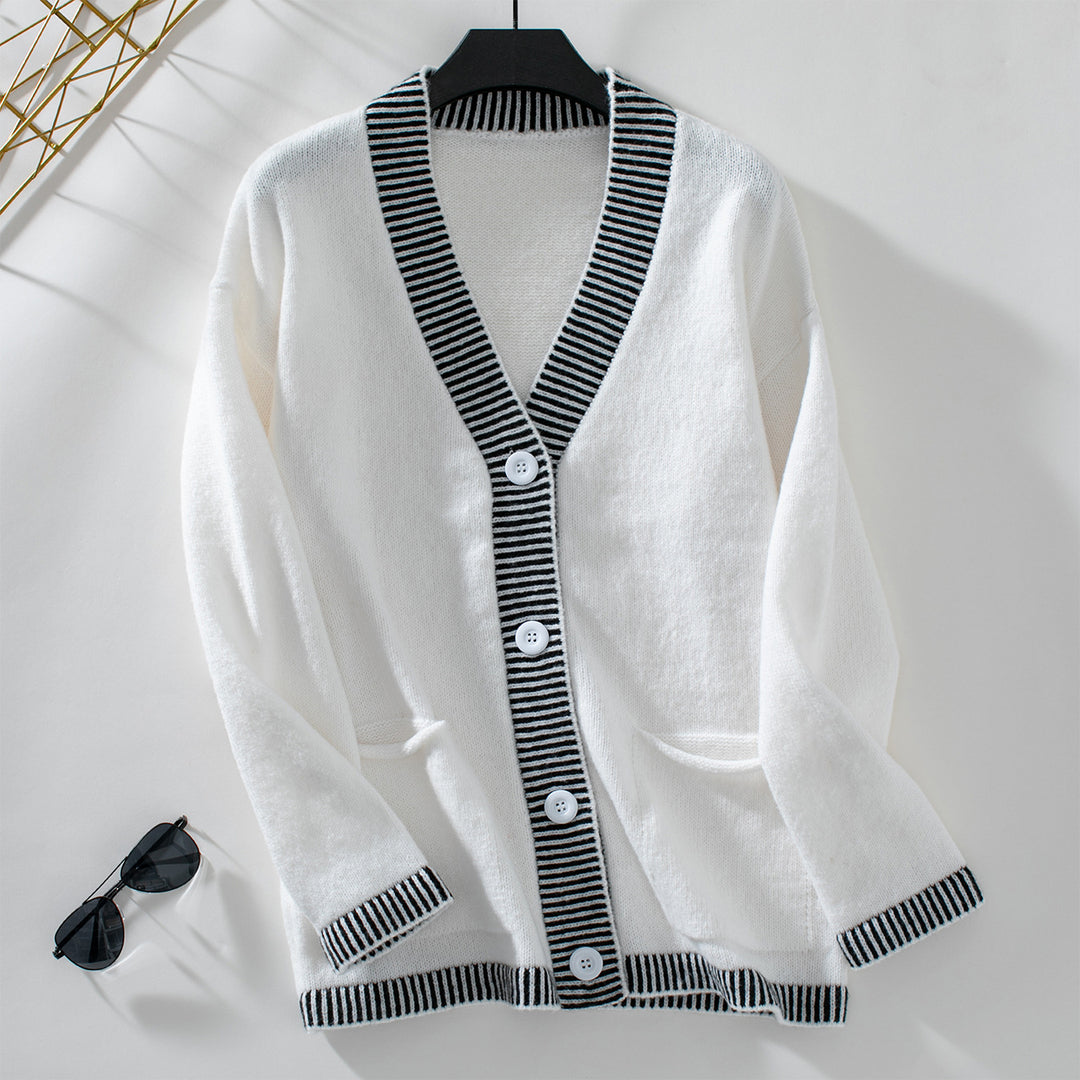 Women's knit jacket with modern stripe accents and Lune London pockets