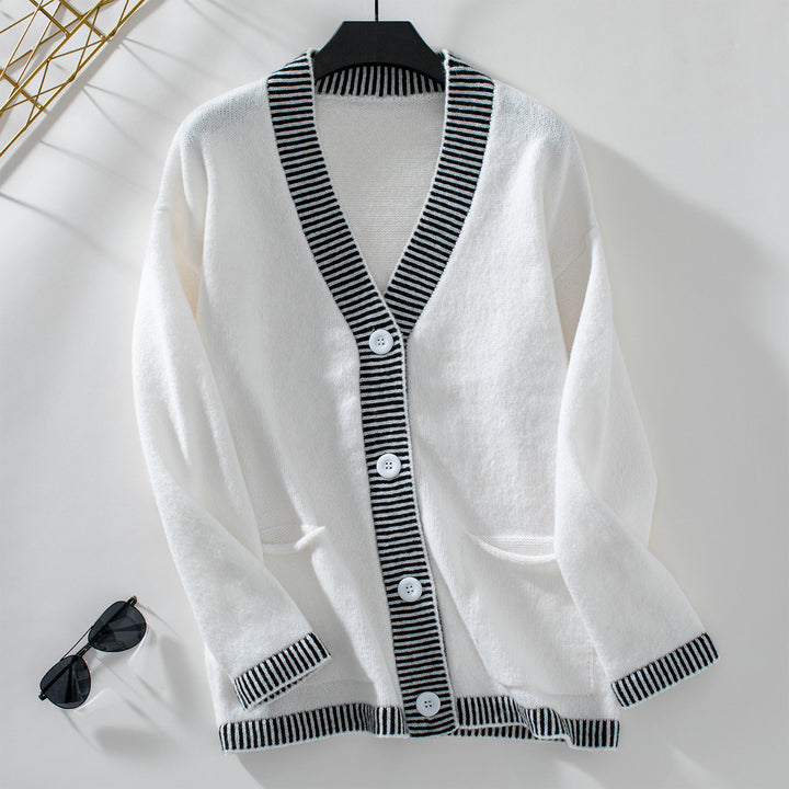 Women's knit jacket with modern stripe accents and Lune London pockets