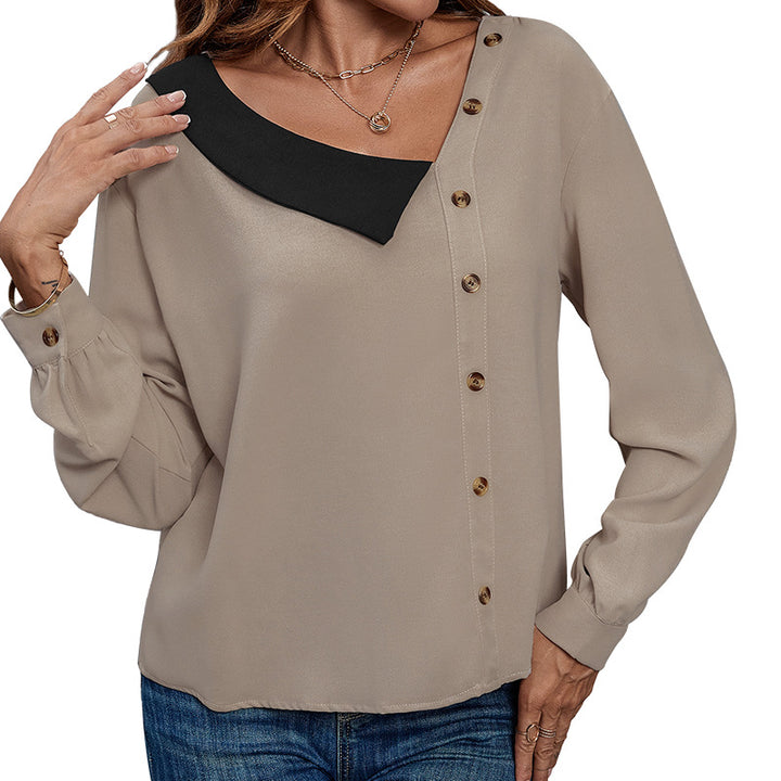 Elegant blouse for women with asymmetrical collar and button placket Lune London