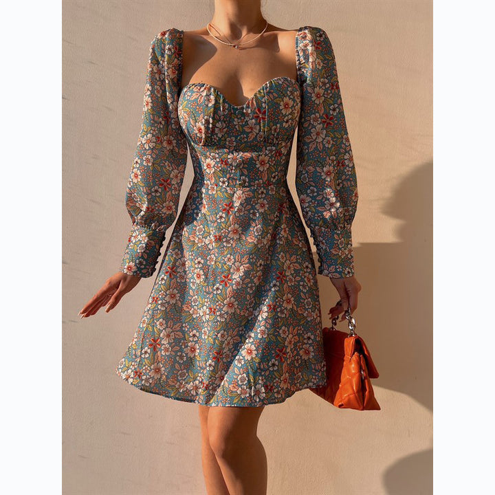 Women Puff Sleeve Dress with Romantic Floral Pattern and Heart-Shaped Neckline