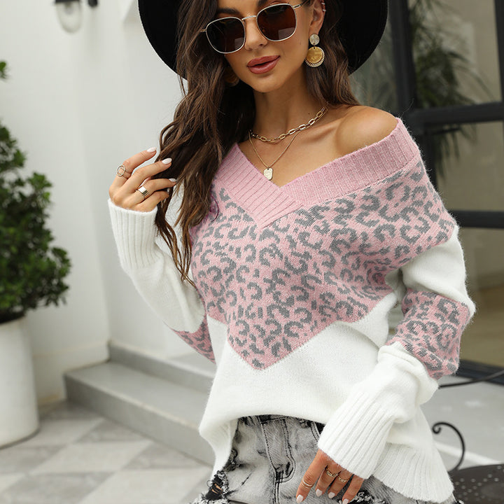 Women's knitted sweater with V-neck and colorful leopard pattern Lune London