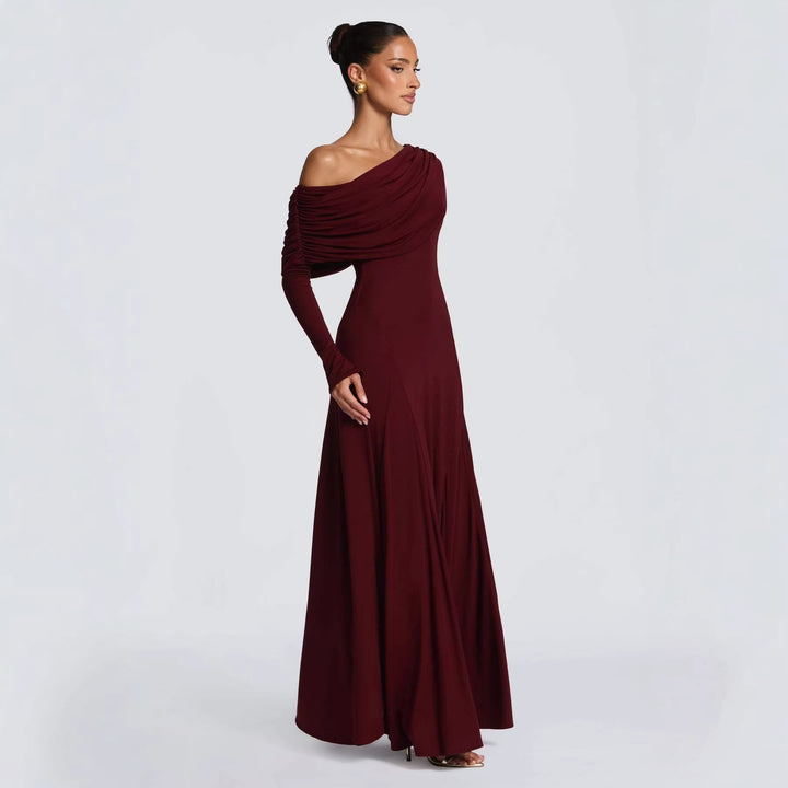 Women Elegant Long Sleeve Maxi Dress with Asymmetrical Draping Detail Lune London