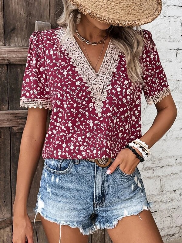 Blouse women with floral lace trim Lune London
