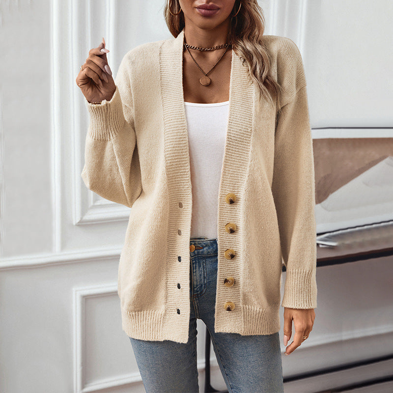 Ladies comfortable cardigan with button details and deep V-neck Lune London