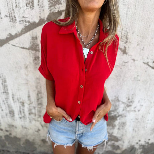 Casual short-sleeve blouse for women with button details and roll neck Lune London