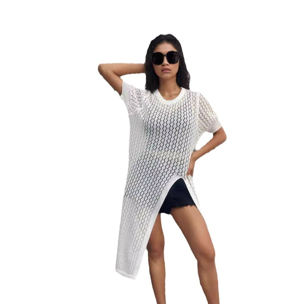 Ladies long knitted kimono with open design and breathable mesh structure Chic and Style
