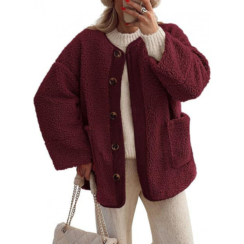 Ladies Cozy Teddy Jacket with Button Closure and Patch Pockets Lune London