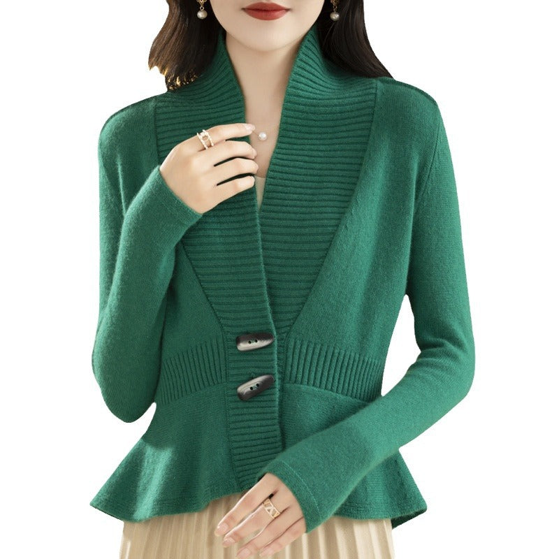 Lune London elegant woman knitted cardigan with wrapped appearance and button detail