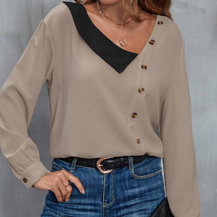 Elegant blouse for women with asymmetrical collar and button placket Lune London