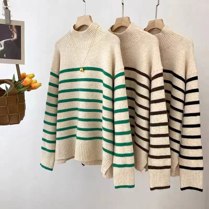 Ladies casual knit pullover with chic striped design