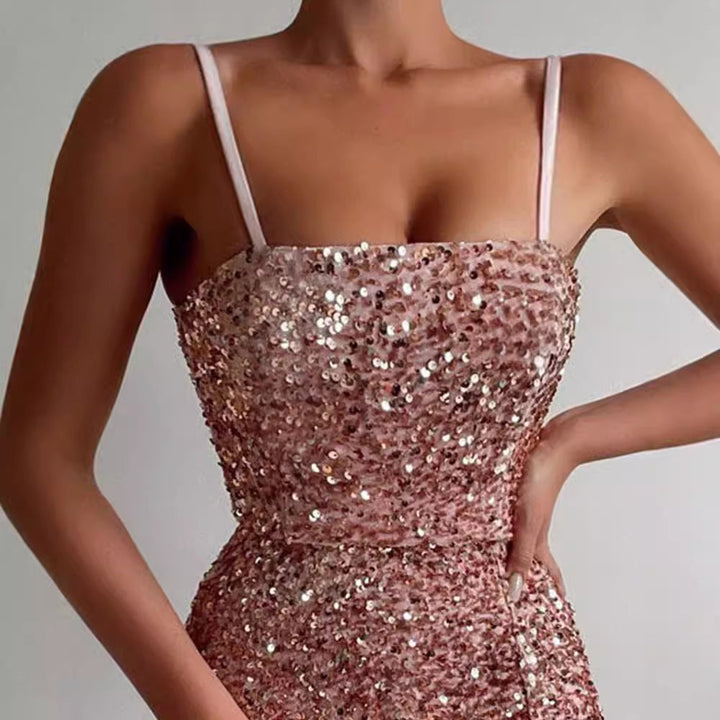 Women's Sparkling Mini Dress with Off-Shoulder Design and Side Slit Lune London