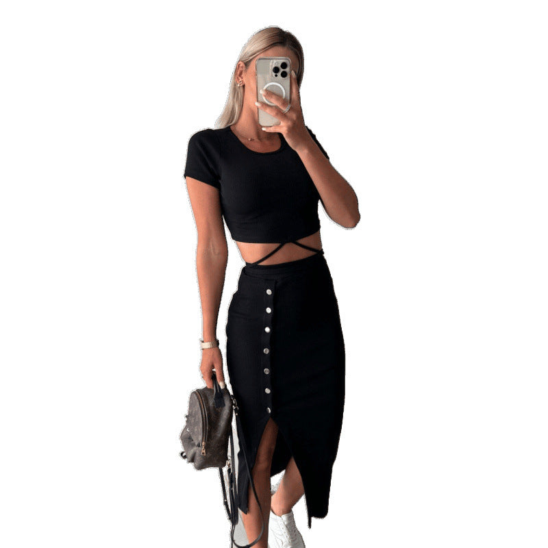 Women Ribbed Crop Top and Buttoned Midi Skirt Set Lune London