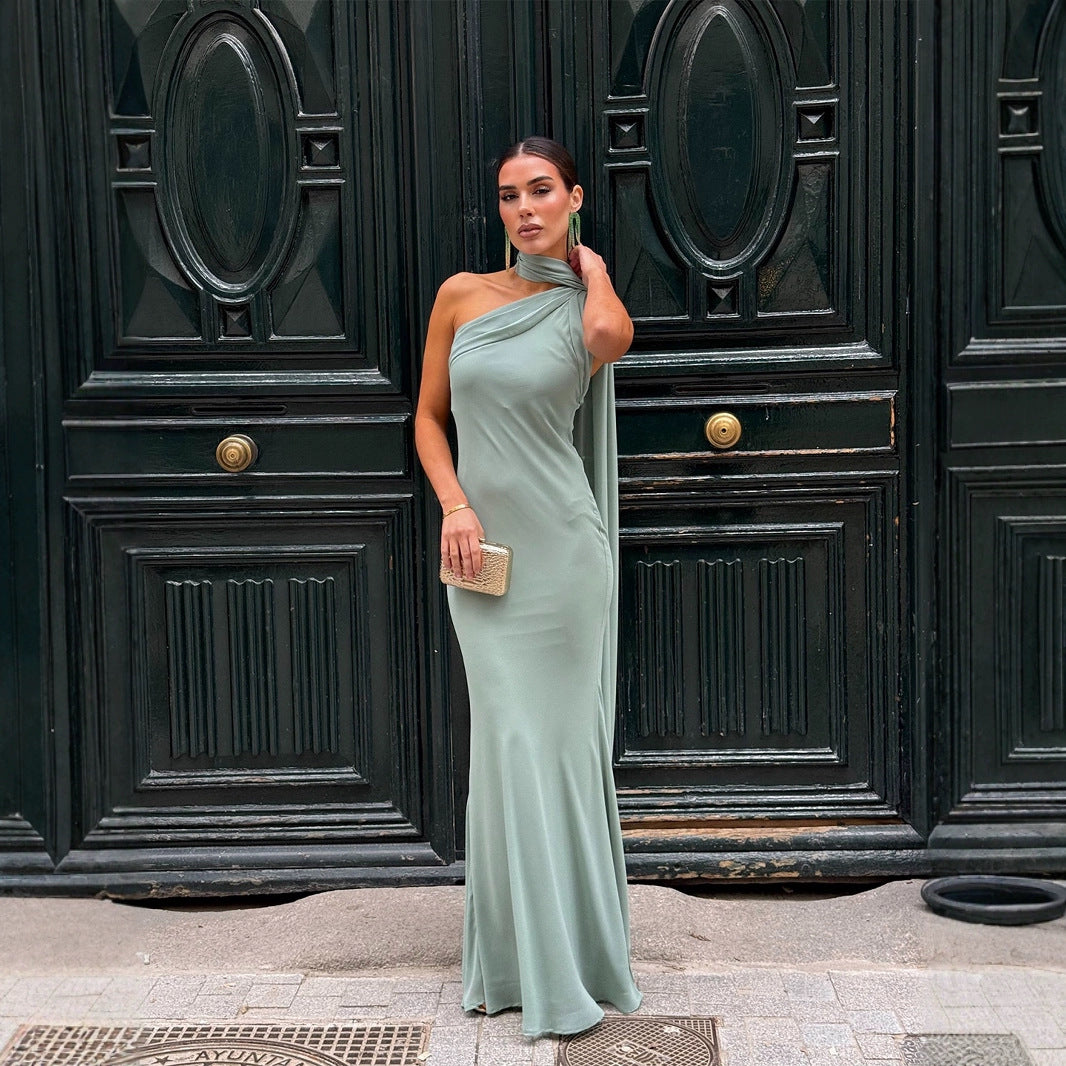 Women's Elegant, One-Sided Strapless Maxi Dress with Flowing Fabric and Chic Neck Scarf Lune London